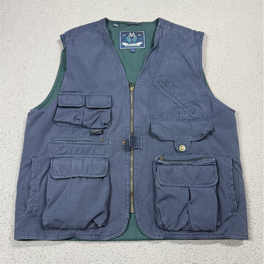 VTG Members Only Vest Mens L Blue Canvas Utility Multi Pocket Quilted Outdoor